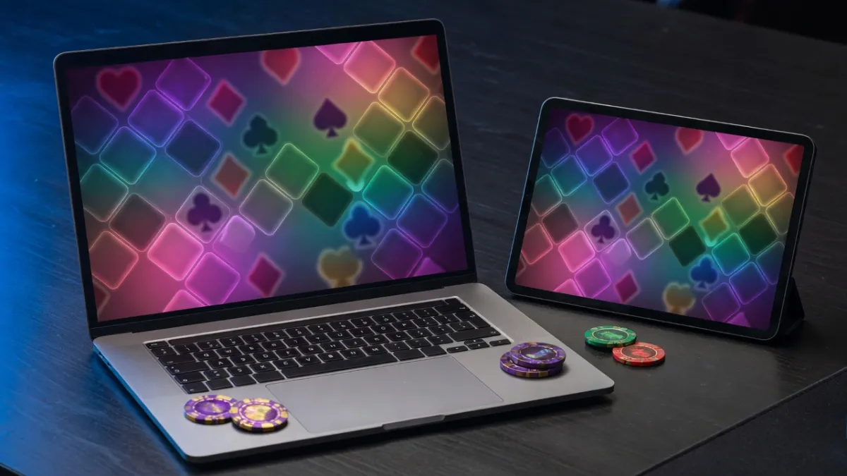Laptop con un colorato gioco di slot su una scrivania